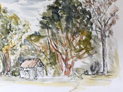 Modernistische/ kubistische Gemälde der 1950er Jahre – „Schere im Wald“ Aquarelllandschaft