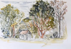 Pintura modernista/cubista de los años 50 - Cobertizo en el bosque Paisaje en acuarela