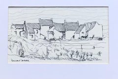 Pintura modernista/cubista de los años 50 - Pequeña ciudad francesa en blanco y negro