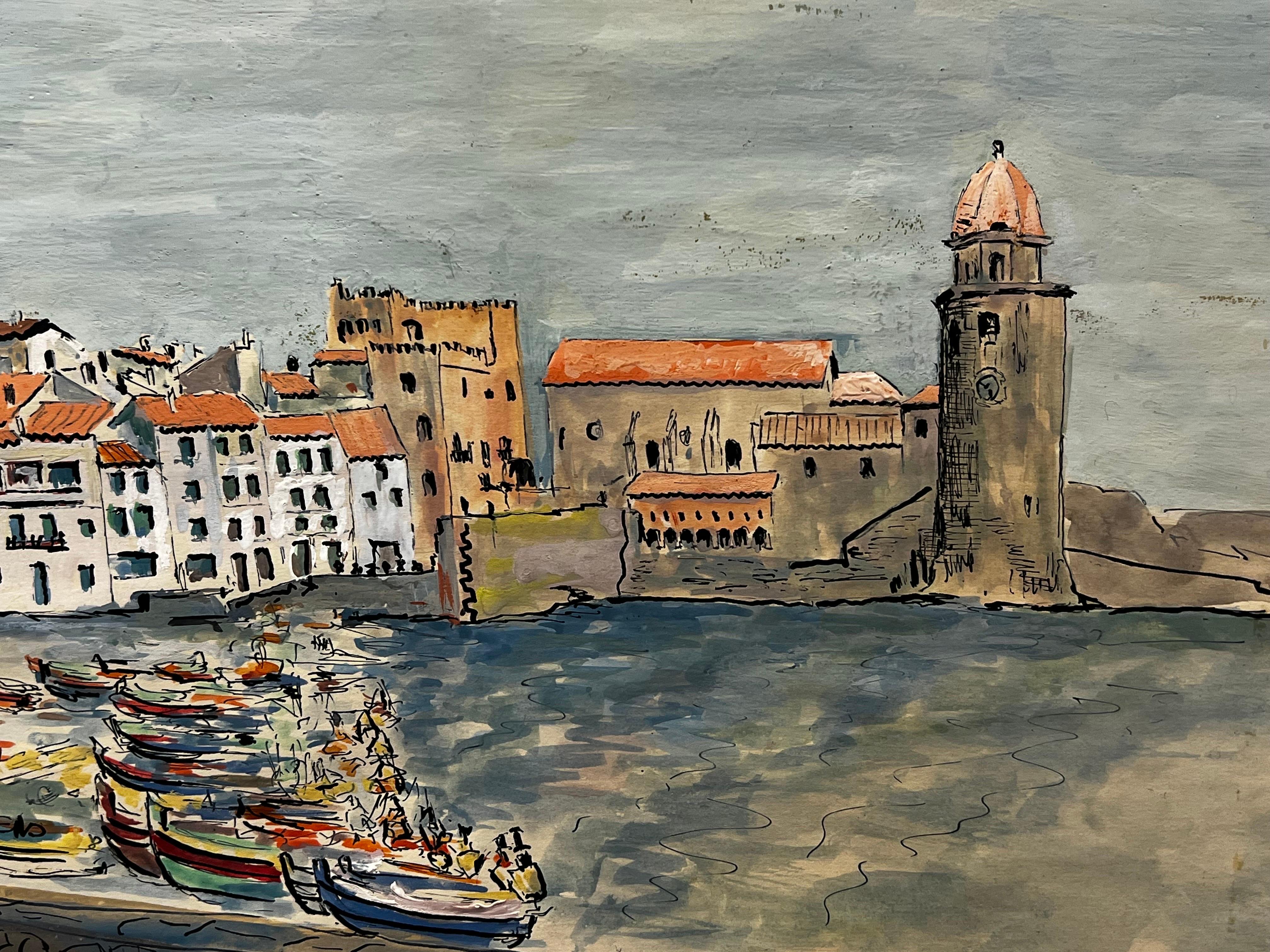 Pintura modernista/cubista de los años 50 - Los barcos del puerto - Painting Moderno de Bernard Labbe