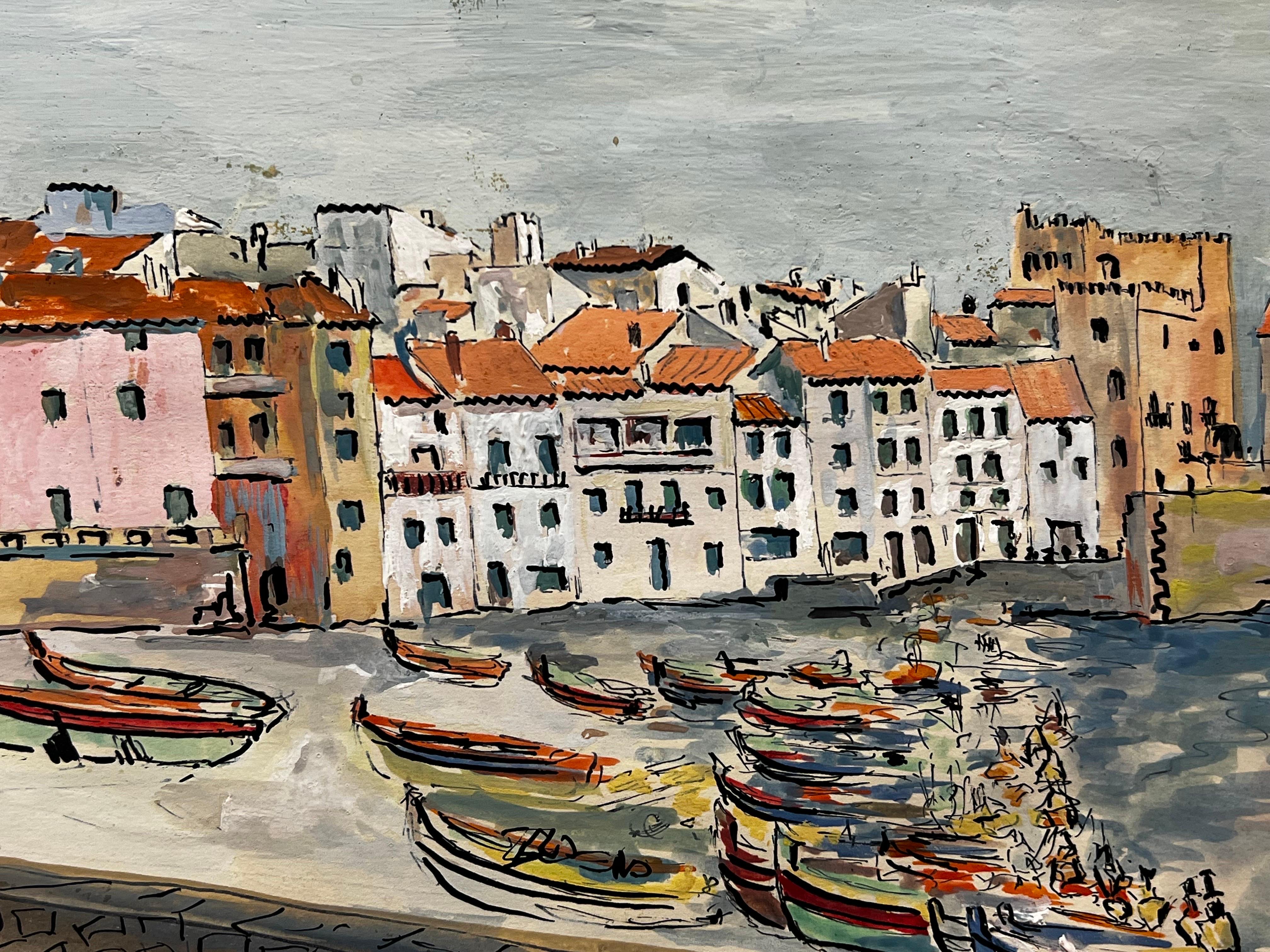 1950's Modernist/ Cubist Painting - The Boats By The Harbour - Beige Landscape Painting by Bernard Labbe