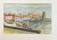Peinture moderniste/ cubiste des années 1950 - Les bateaux du port