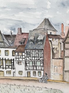 Pittura modernista/cubista degli anni '50 - Coppia che ammira la città francese