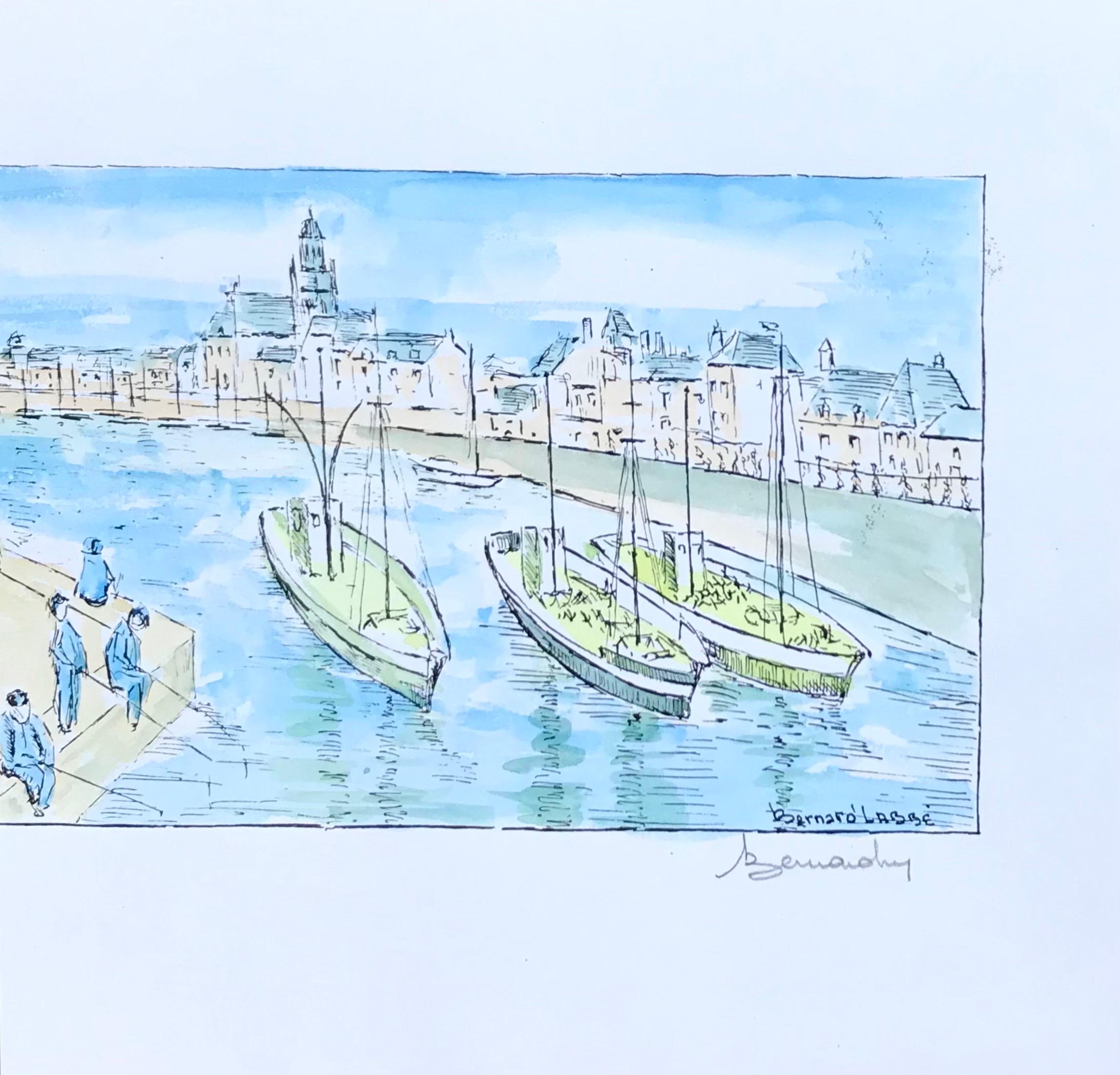 Modernistisches/ kubistisches Gemälde der 1950er Jahre – Die Fischertreffen im Hafen – Painting von Bernard Labbe