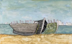 1950er Jahre Modernistische/ Kubistische Malerei der 1950er Jahre - Die drei Boote Aquarelllandschaft