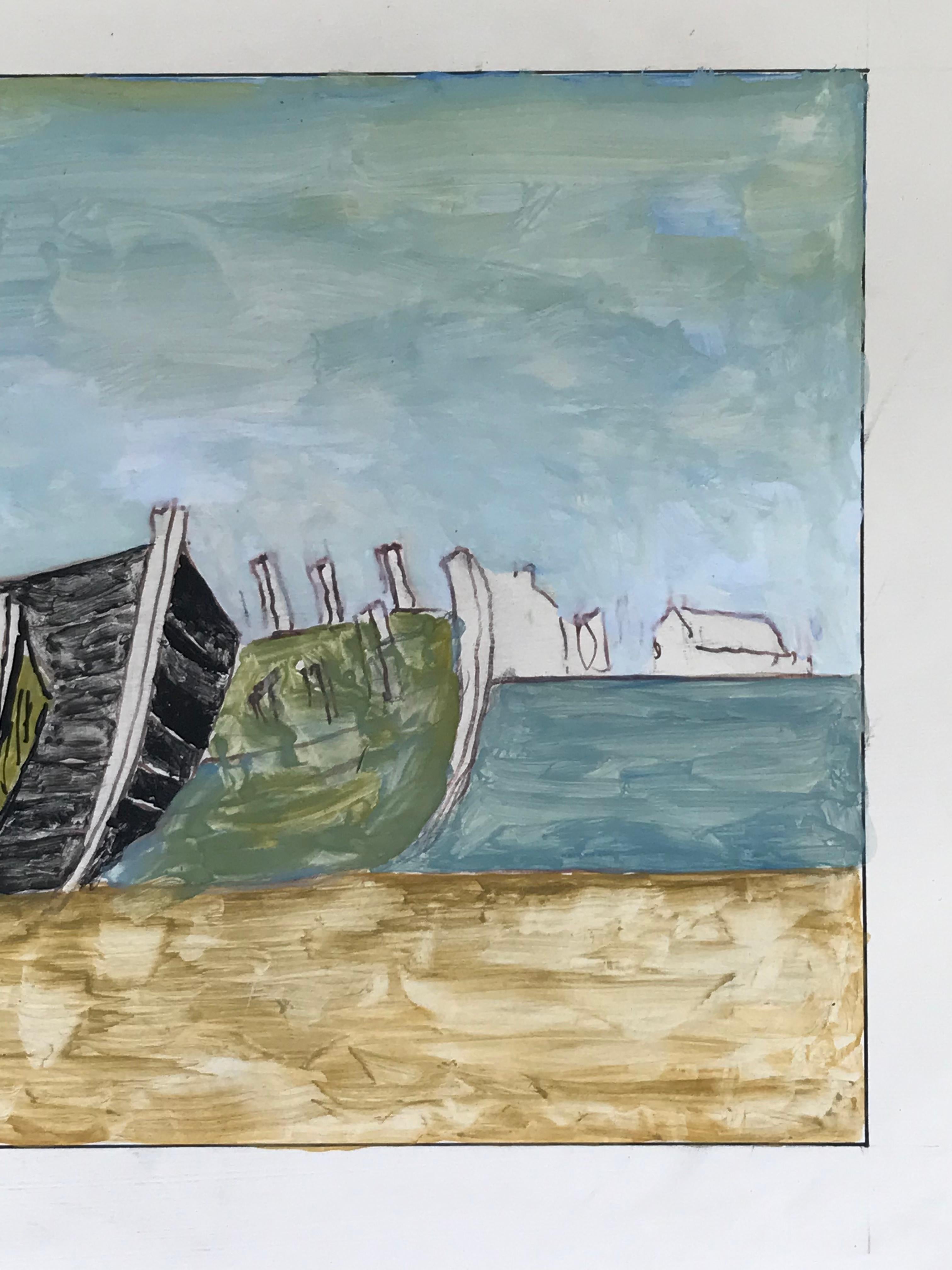 Peinture moderniste/ cubiste des années 1950 - Paysage à l'aquarelle Les trois bateaux  - Gris Figurative Art par Bernard Labbe