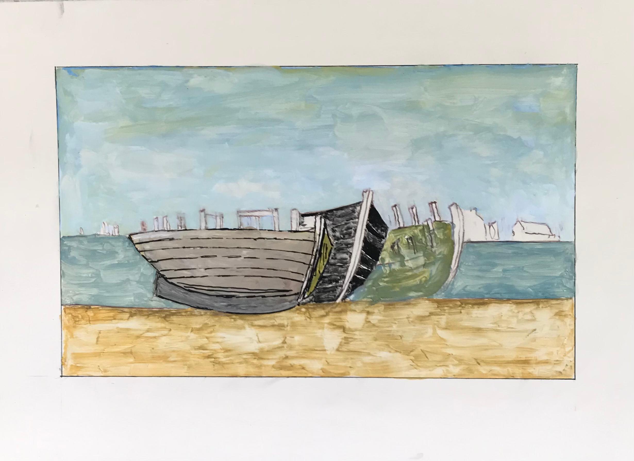 Figurative Art Bernard Labbe - Peinture moderniste/ cubiste des années 1950 - Paysage à l'aquarelle Les trois bateaux 