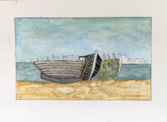 Pittura modernista/cubista degli anni '50 - Paesaggio acquerellato delle tre barche