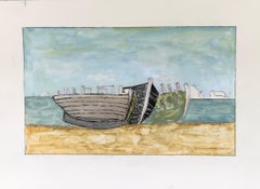 Peinture moderniste/ cubiste des années 1950 - Paysage à l'aquarelle Les trois bateaux 