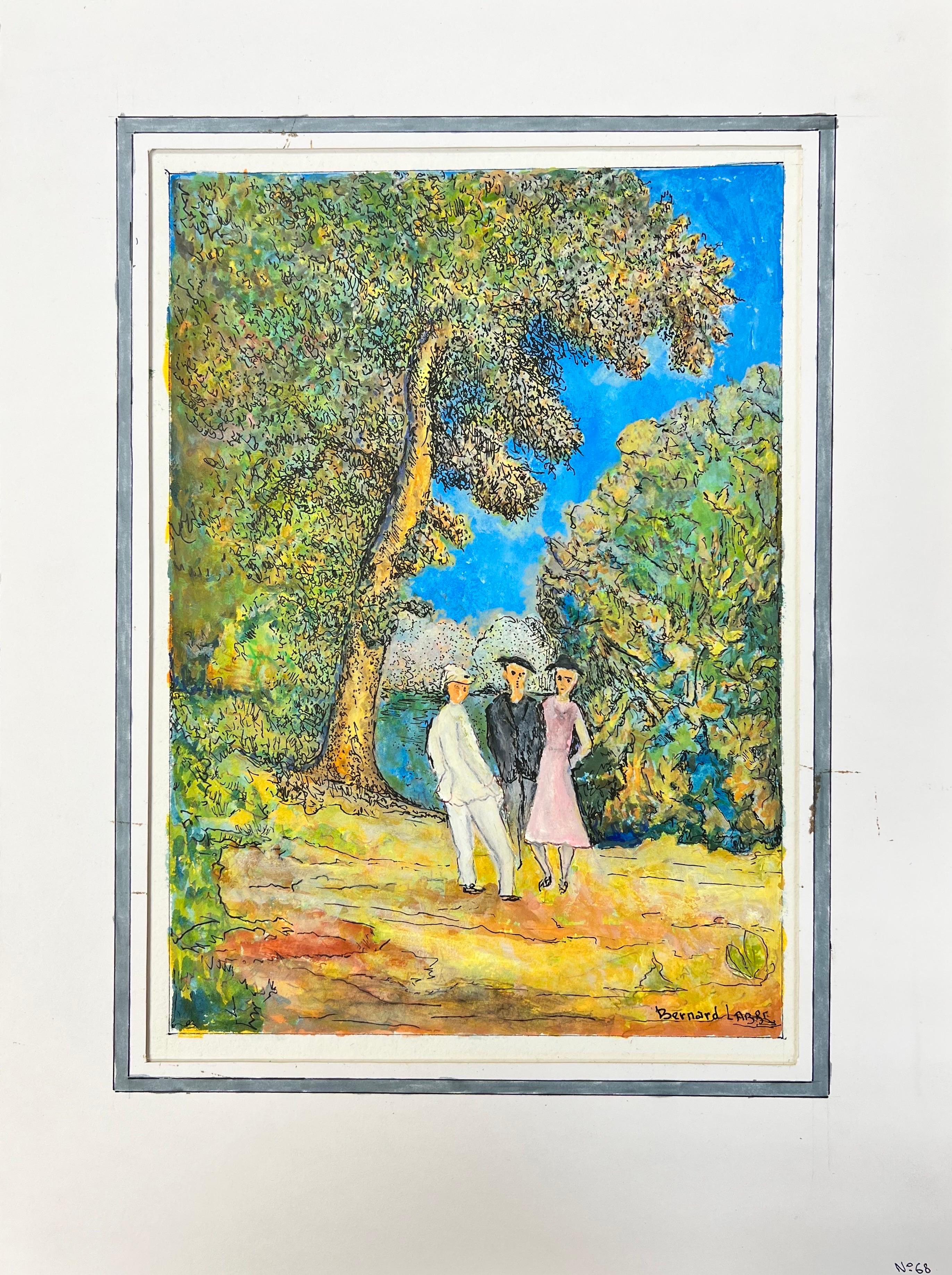 Pintura modernista/cubista de los años 50 - Tres figuras traviesas en el bosque - Art de Bernard Labbe