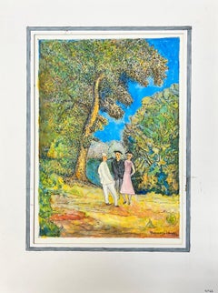 Peinture moderniste/ cubiste des années 1950 - Trois personnages espiègles dans la forêt
