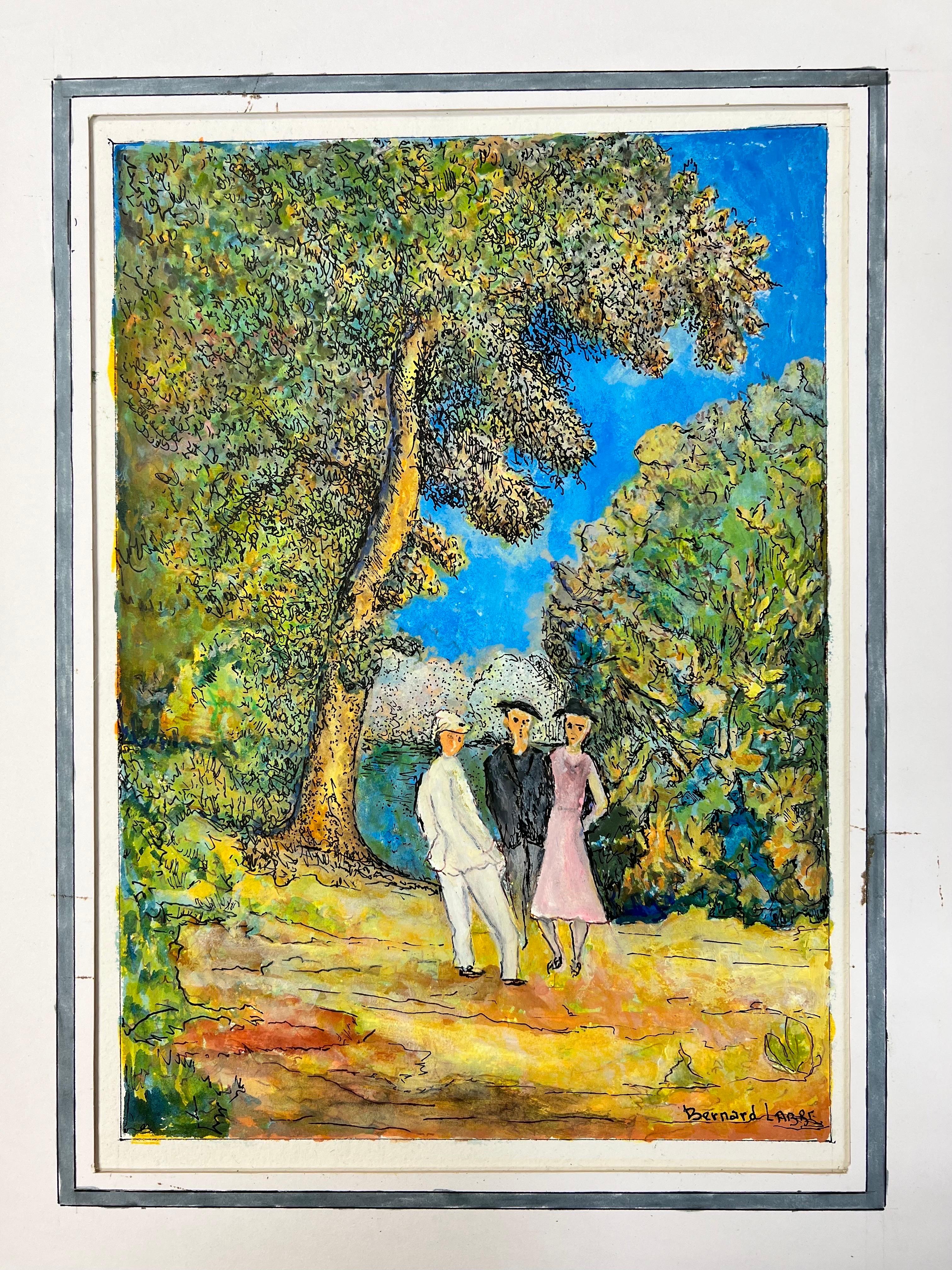 Bernard Labbe Figurative Art - 1950's Modernist/ Cubist Painting - Three Mischievous Figures In The Forest