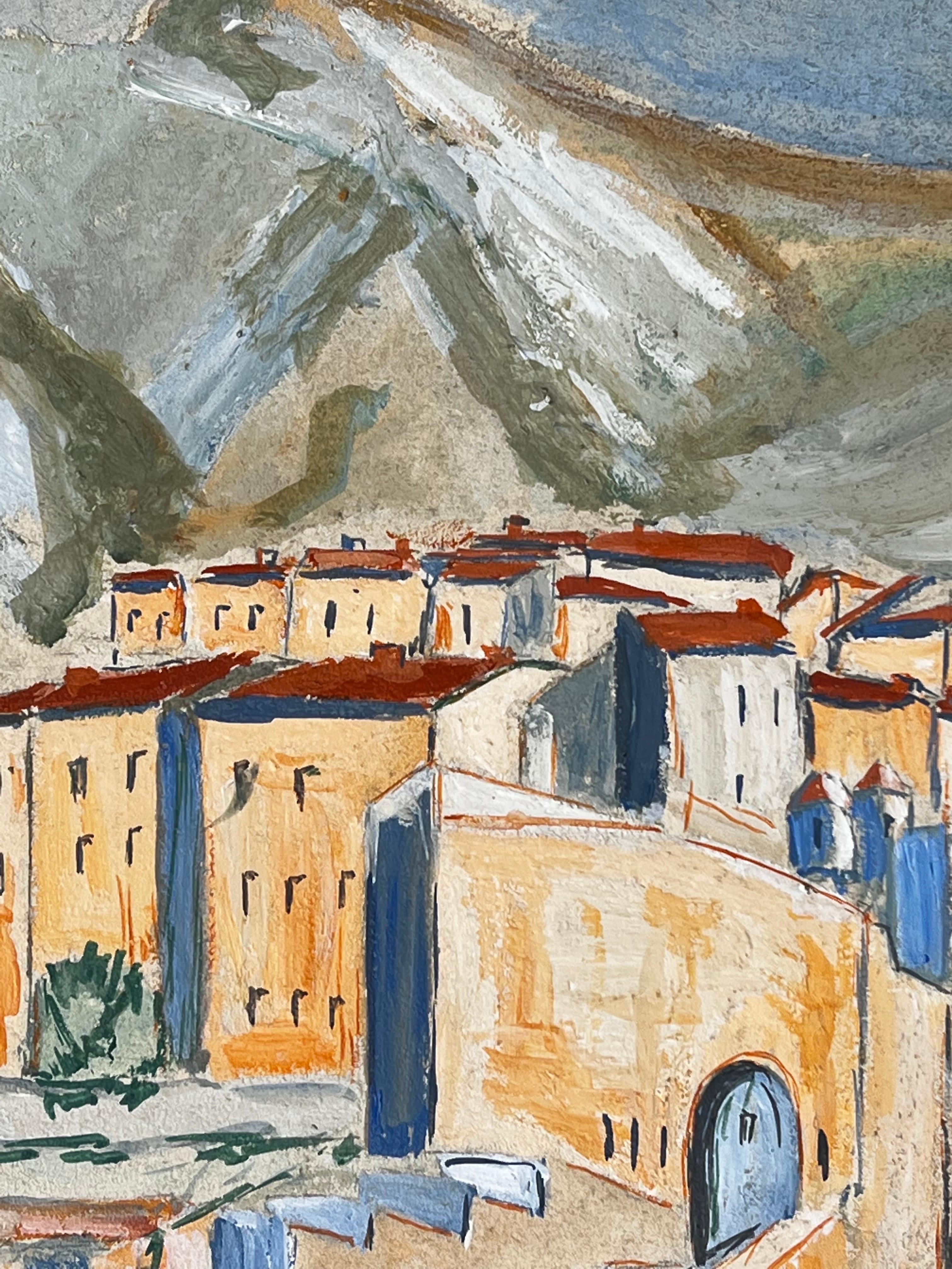 1950's Modernist/ Cubist Painting - town  below the mountains - Art by Bernard Labbe