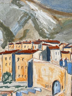 1950's Modernist/ Cubist Painting - town  below the mountains