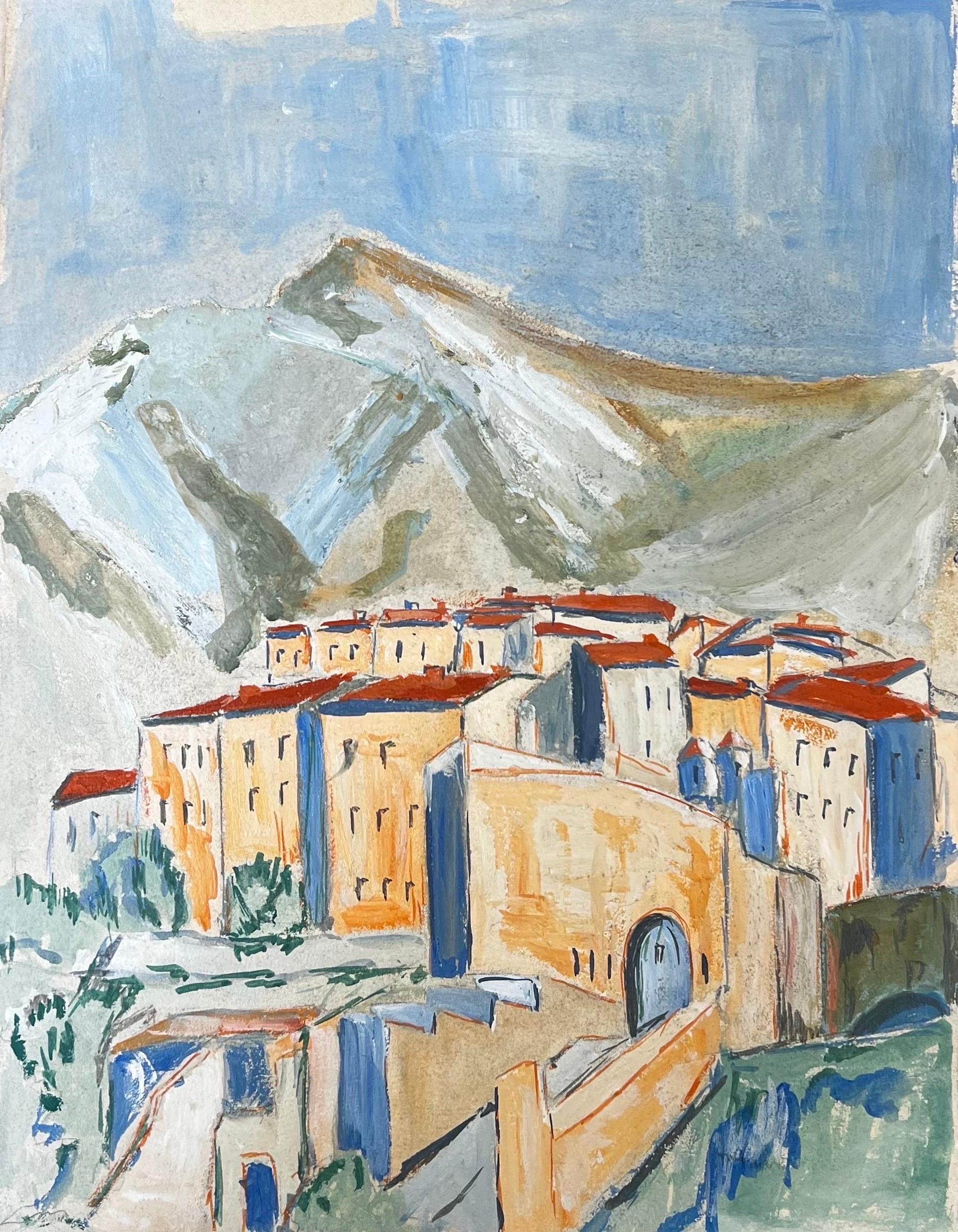 1950's Modernist/ Cubist Painting - town  below the mountains