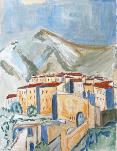Peinture moderniste/ cubiste des années 1950 - ville  Au-dessous des montagnes