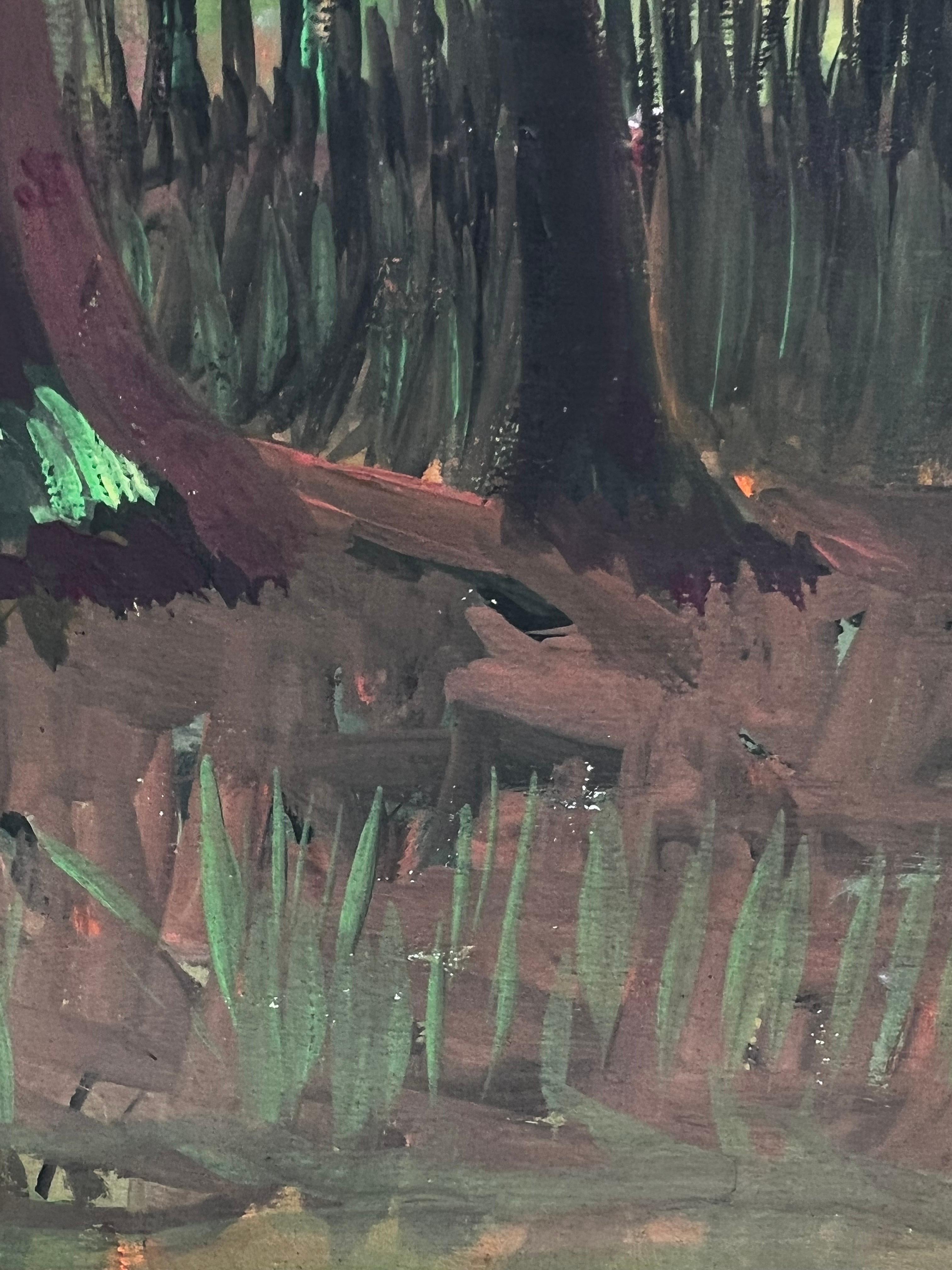Peinture moderniste/ cubiste des années 1950 - Malles d'arbres - Gris Figurative Art par Bernard Labbe