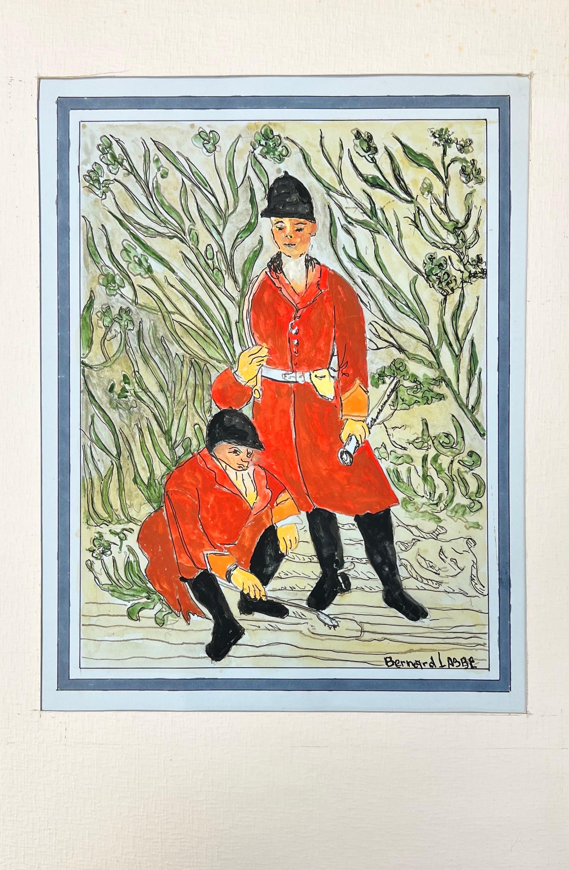 Peinture moderniste/ cubiste des années 1950 - Deux hommes de chasse