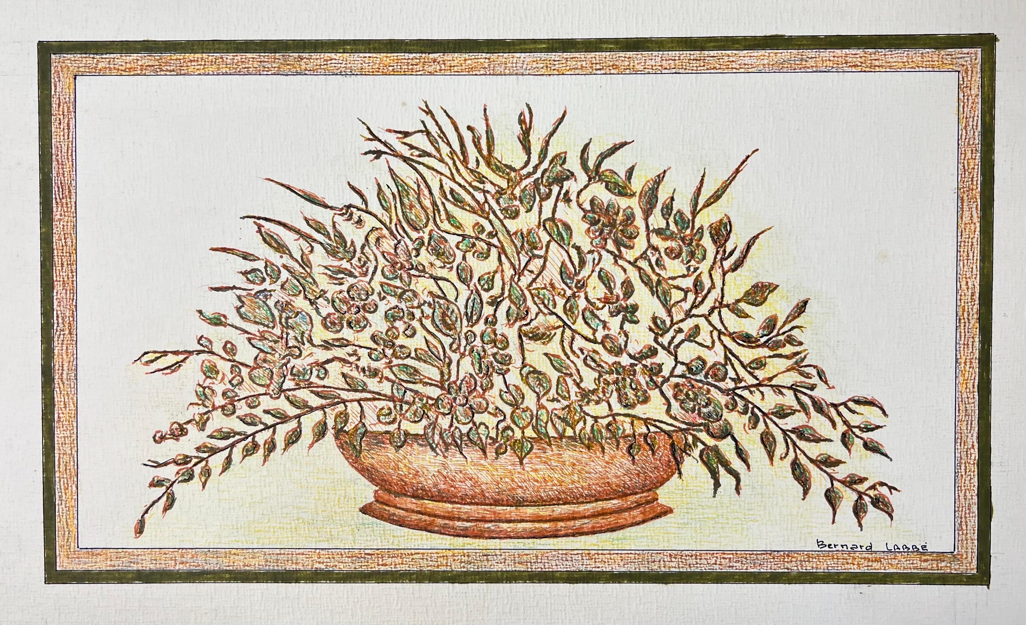 1950's Modernist/ Cubist Painting - Wild Plants In Plant Bowl - Art by Bernard Labbe