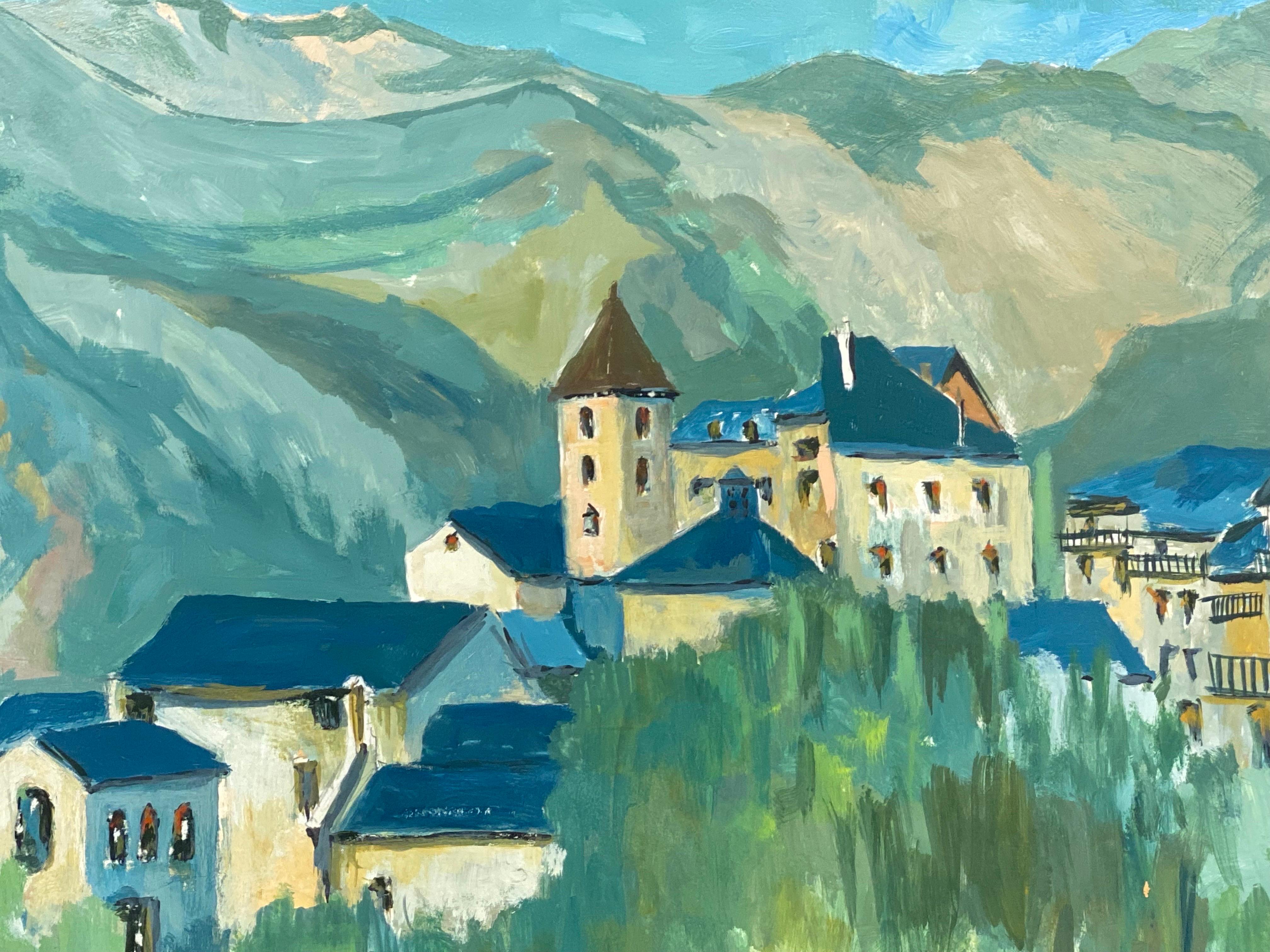 1950's Modernist Painting  -  Beautiful & Bright Colour French Oil Landscape - Blue Landscape Painting by Bernard Labbe