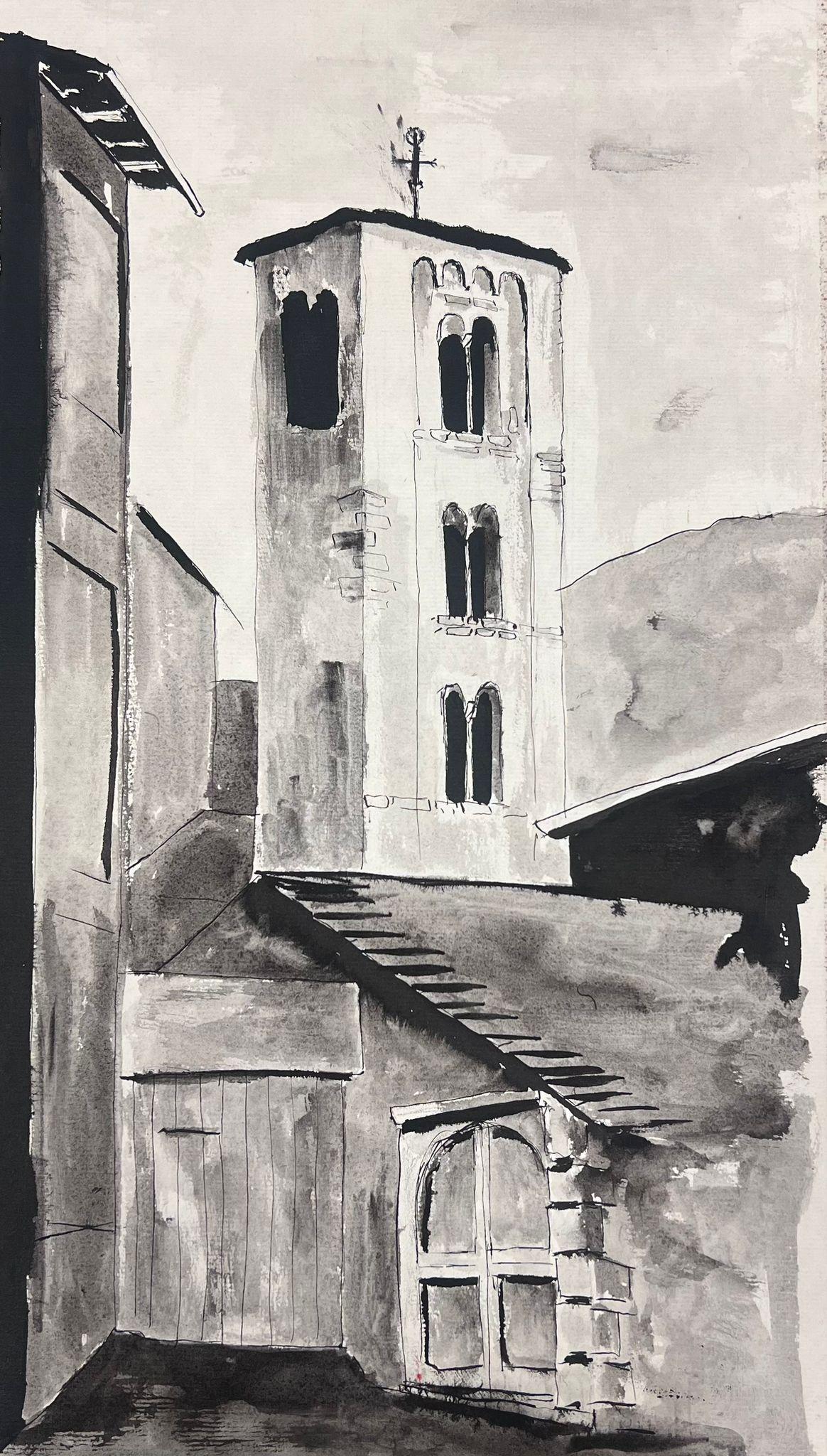 Peinture moderniste des années 1950 Paysage de clocher noir et blanc - Painting de Bernard Labbe