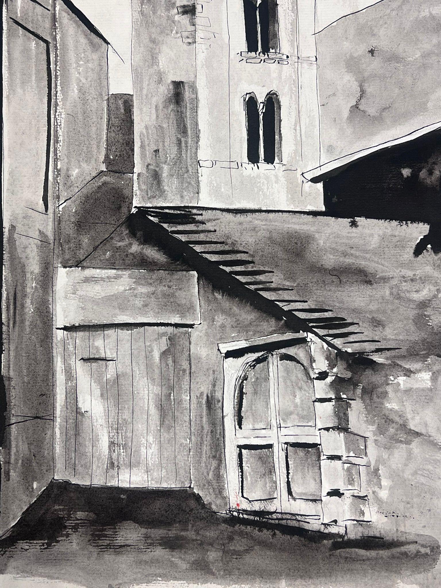 1950's Modernist Painting Black and White Bell Tower Landscape For Sale 1