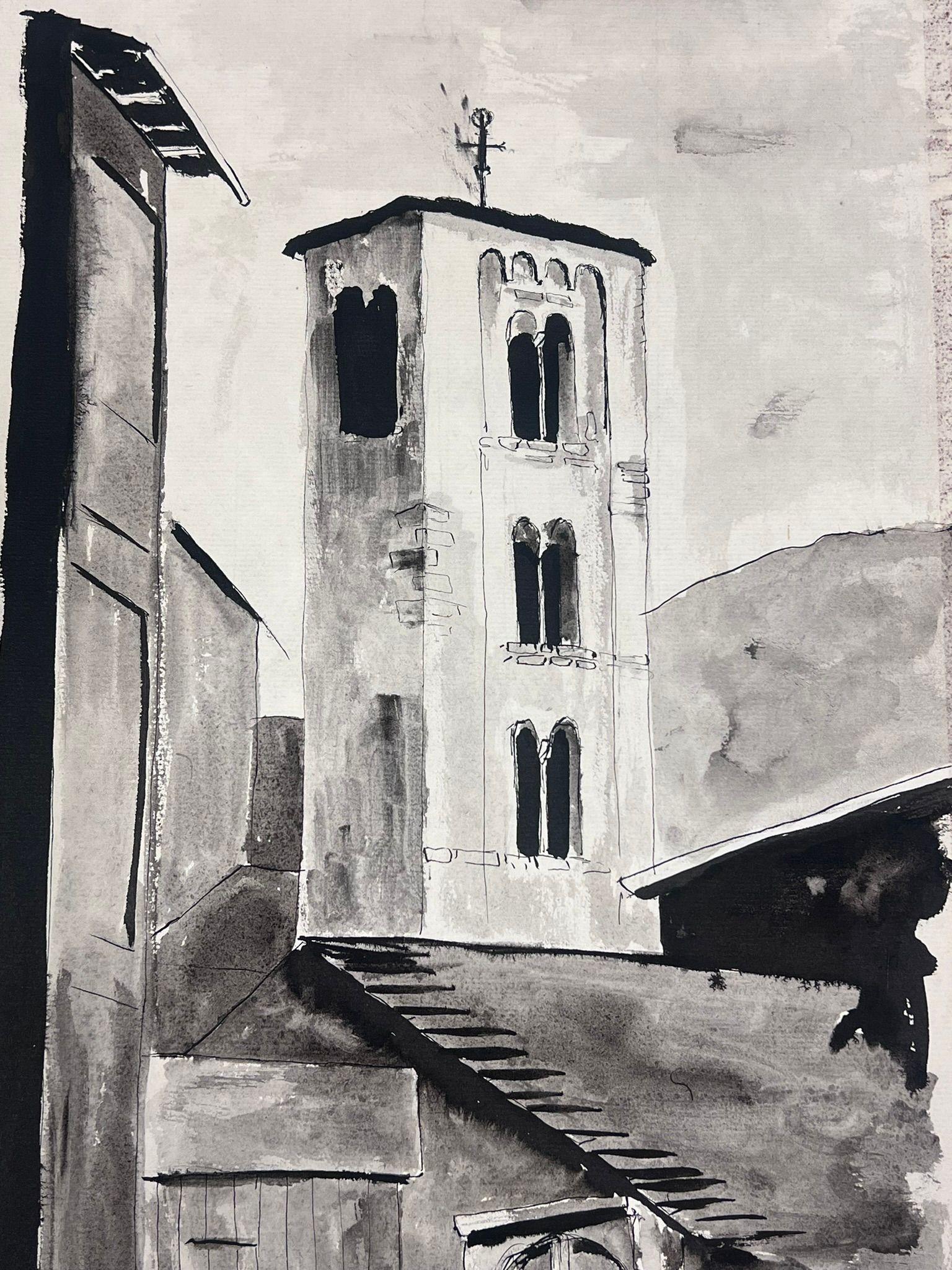 1950's Modernist Painting Black and White Bell Tower Landscape For Sale 2