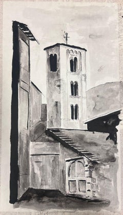 Peinture moderniste des années 1950 Paysage de clocher noir et blanc