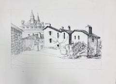 Pintura modernista de los años 50 Paisaje de patio en blanco y negro