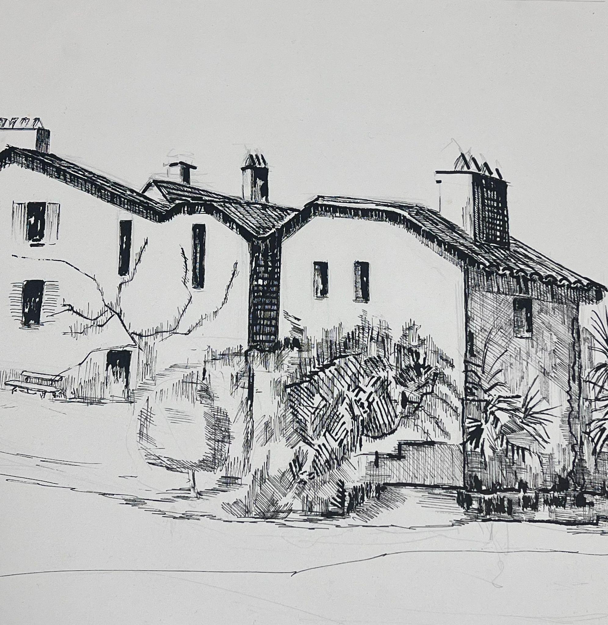 1950's Modernist Painting Black and White Courtyard Landscape For Sale 2
