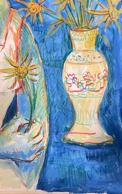 1950's Modernist Painting Blonde Lady Holding Sun Flowers In Blue Scenery