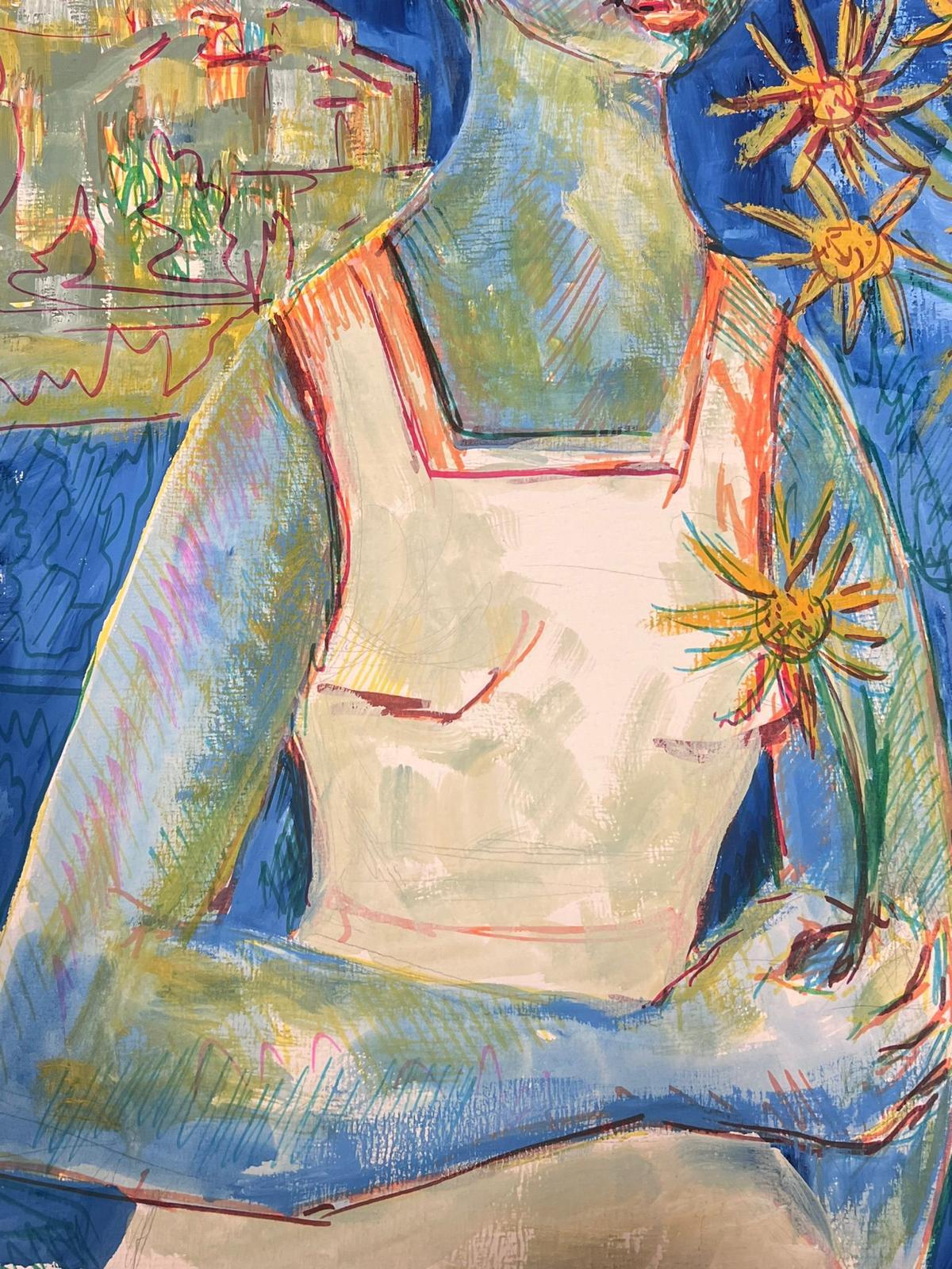 1950's Modernist Painting Blonde Lady Holding Sun Flowers In Blue Scenery For Sale 1