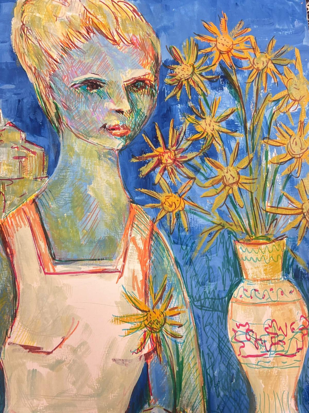 1950's Modernist Painting Blonde Lady Holding Sun Flowers In Blue Scenery For Sale 2