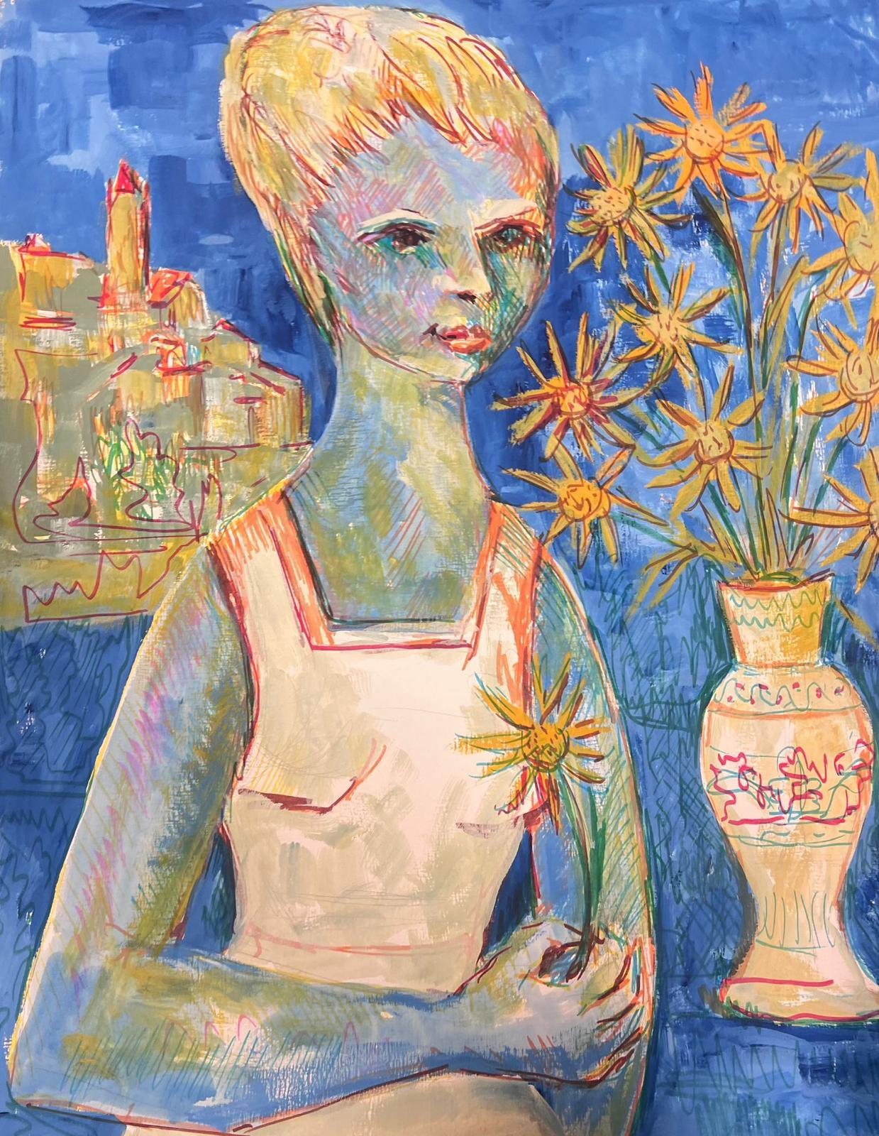 1950's Modernist Painting Blonde Lady Holding Sun Flowers In Blue Scenery For Sale 3