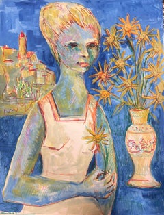 Peinture moderniste des années 1950 Dame blonde tenant des fleurs de soleil dans un paysage bleu