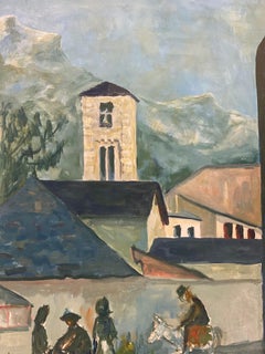 Pintura modernista de los años 50 - Paisaje urbano azul brillante con caballo y figuras