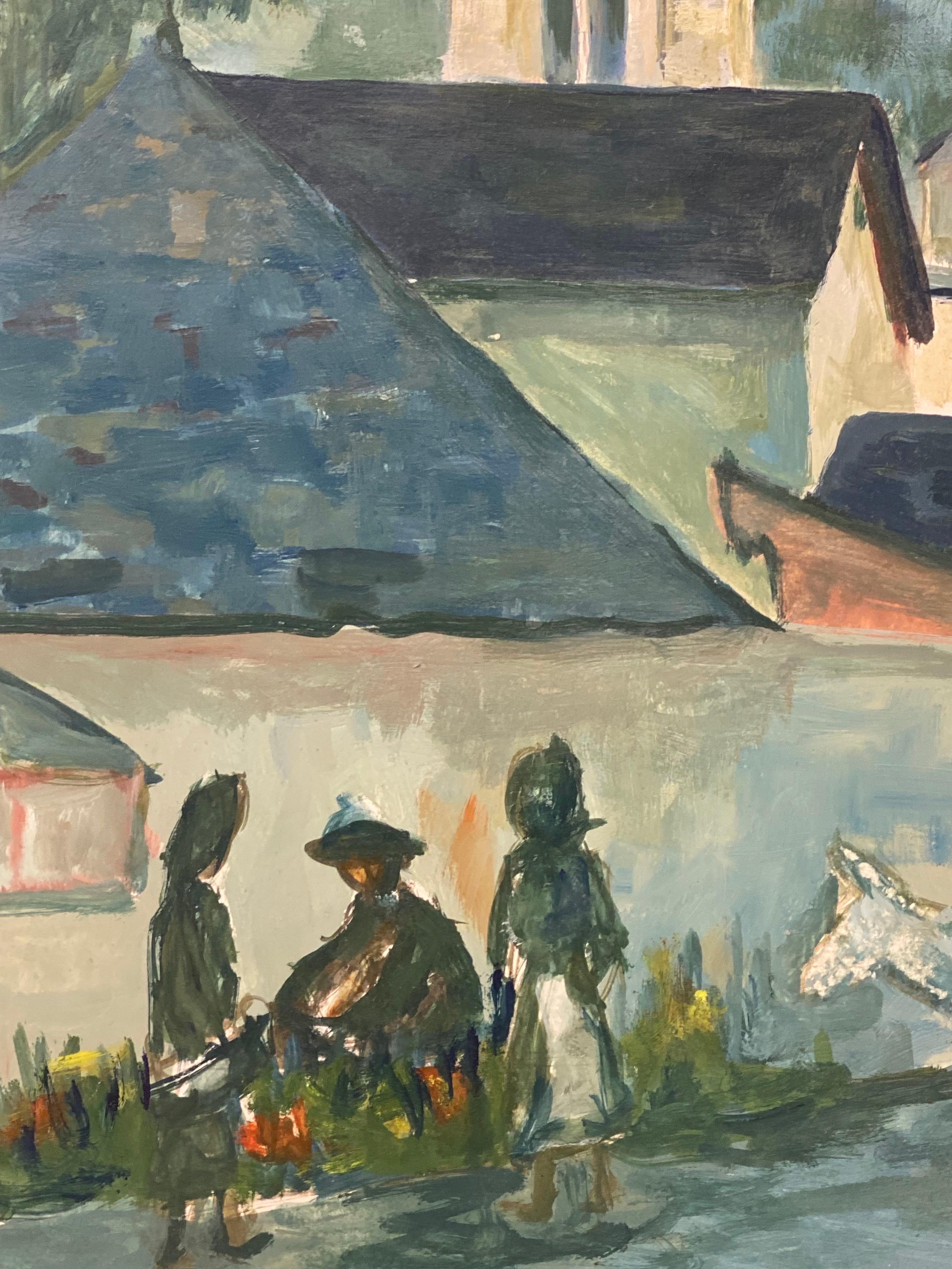 1950's Modernist Painting  -  Bright Blue Town Landscape With Horse And Figures For Sale 1
