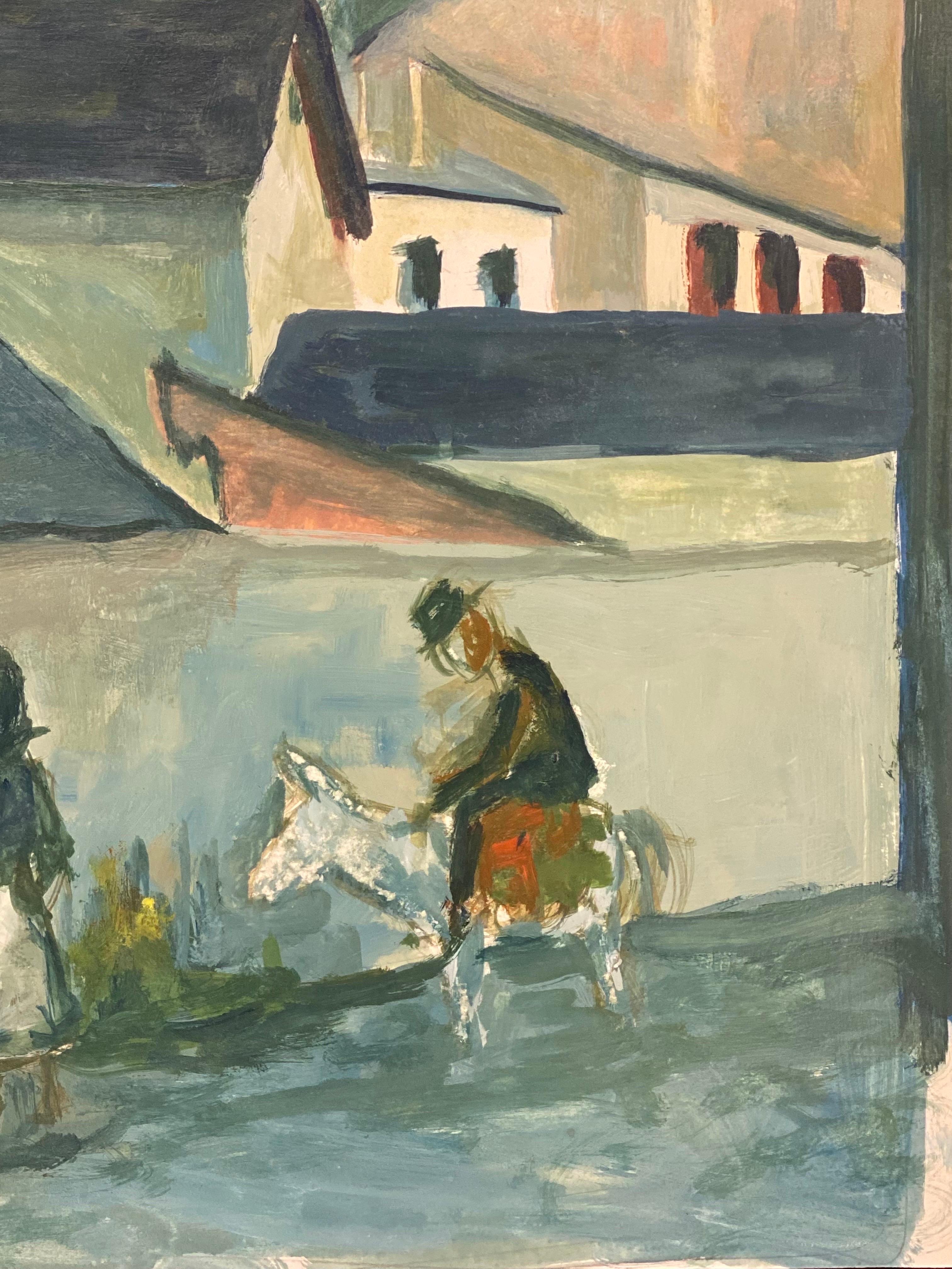 1950's Modernist Painting  -  Bright Blue Town Landscape With Horse And Figures For Sale 2
