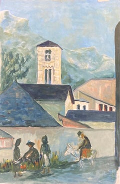1950's Modernist Painting  -  Bright Blue Town Landscape With Horse And Figures