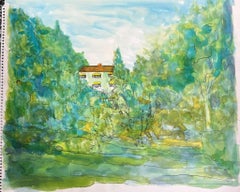 1950's Modernist Painting Bright Watercolour Chateau In Green and Blue Forest