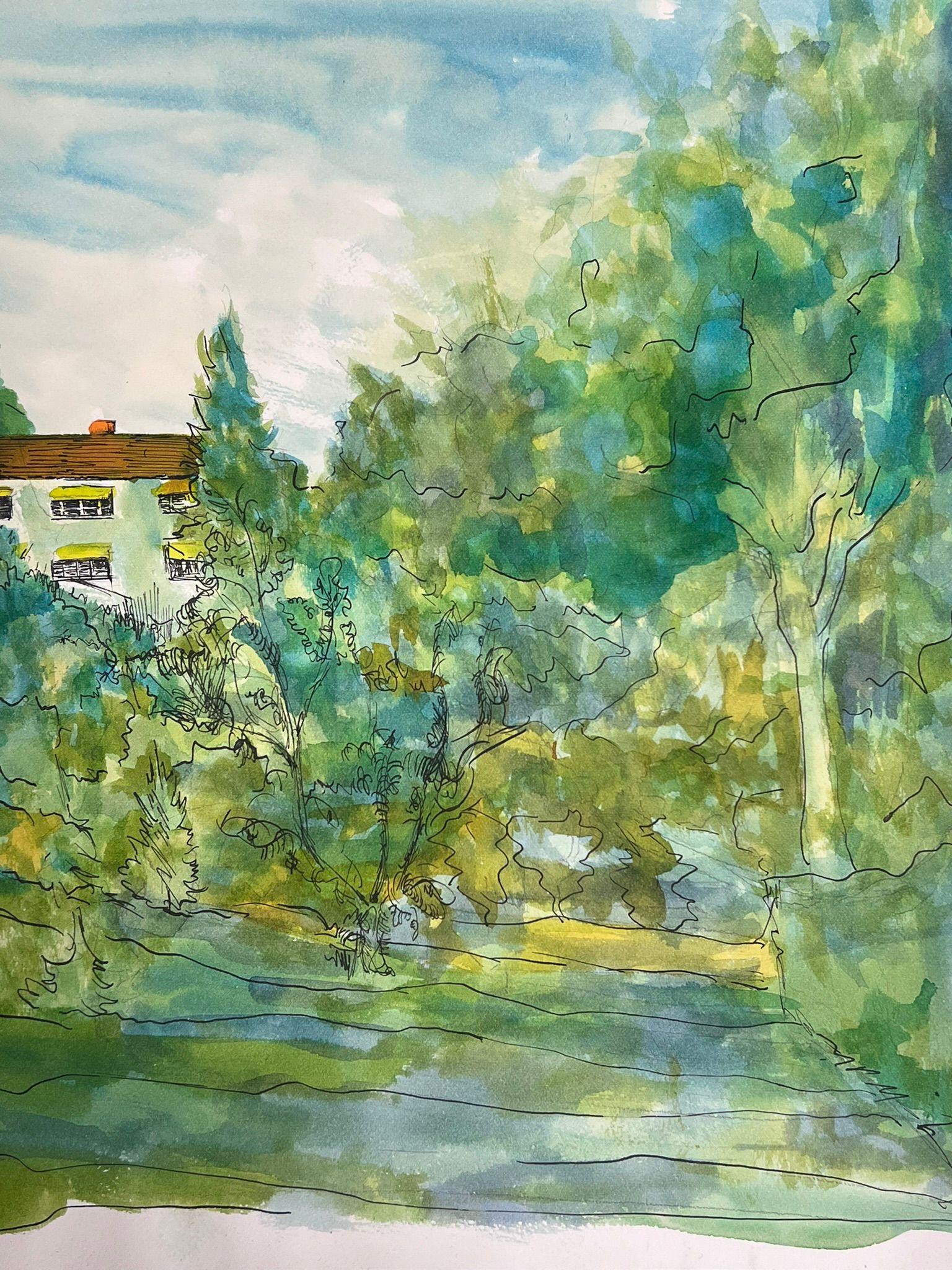 1950's Modernist Painting Bright Watercolour Chateau In Green and Blue Forest For Sale 2