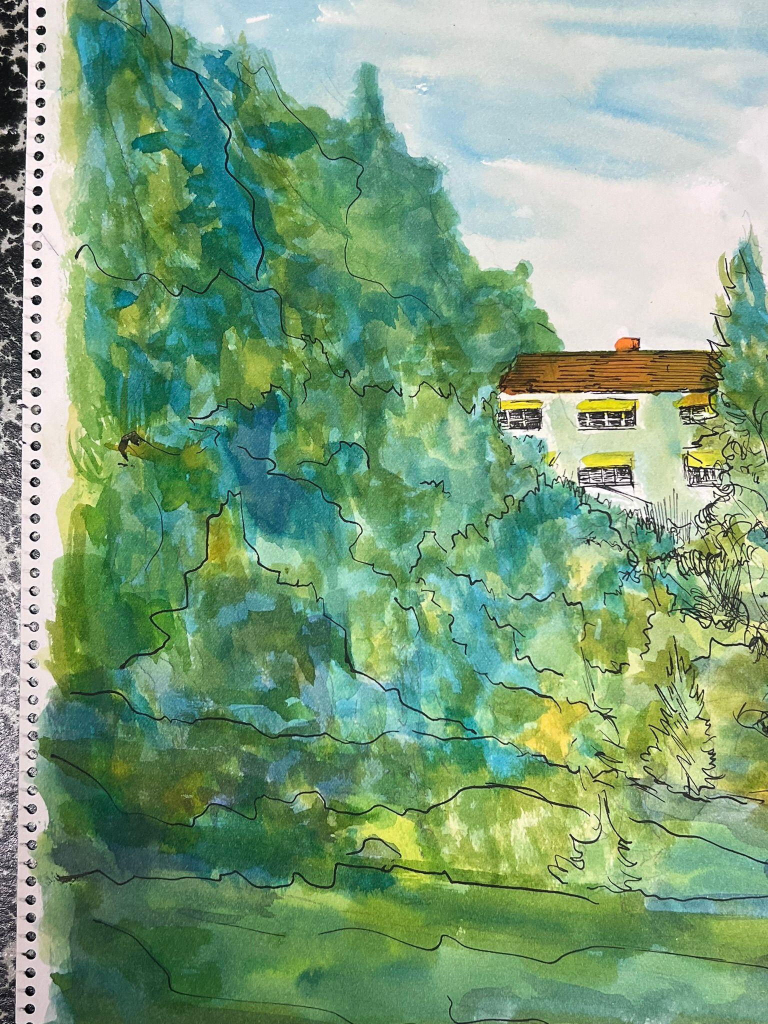 1950's Modernist Painting Bright Watercolour Chateau In Green and Blue Forest For Sale 3