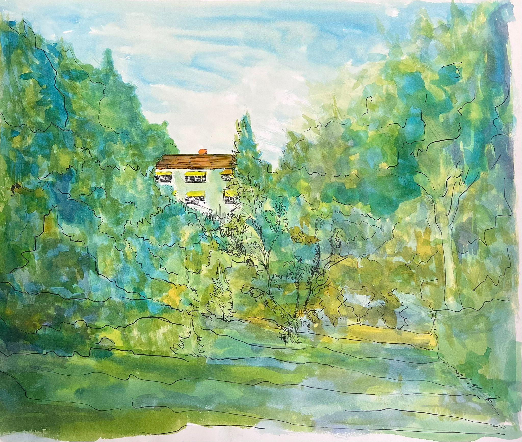 Bernard Labbe Landscape Painting - 1950's Modernist Painting Bright Watercolour Chateau In Green and Blue Forest