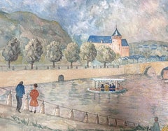 1950's Modernist Painting Figures Along The French River Bank