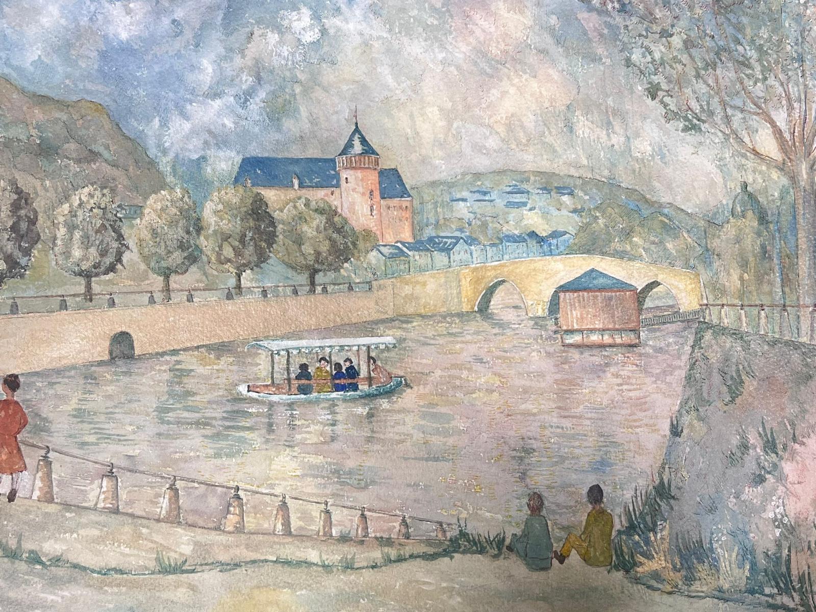 Modernistische Malerei der 1950er Jahre Figuren entlang des französischen Flussufers (Moderne), Painting, von Bernard Labbe