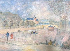 Peinture moderniste des années 1950 Figures le long des berges de la rivière française