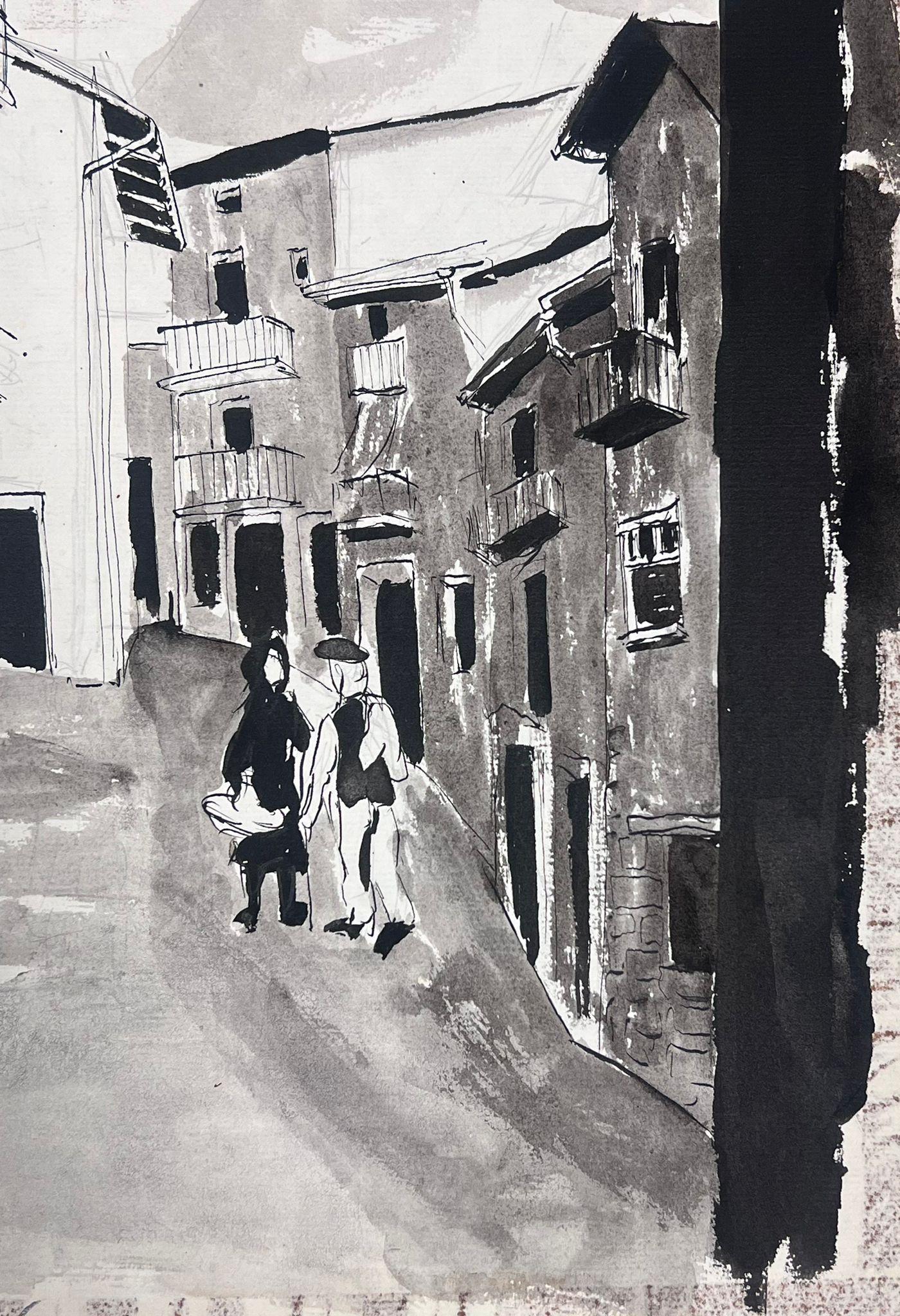 Modernistische Malerei der 1950er Jahre Figuren, die durch eine schwarz-weiße französische Straße gehen – Painting von Bernard Labbe