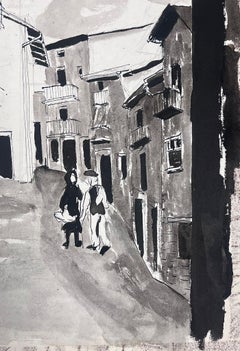 1950's Modernist Painting Figures Walking Through Black and White French Street