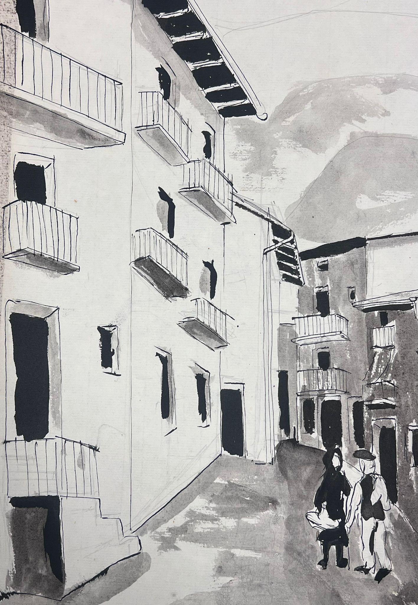 Modernistische Malerei der 1950er Jahre Figuren, die durch eine schwarz-weiße französische Straße gehen (Moderne), Painting, von Bernard Labbe