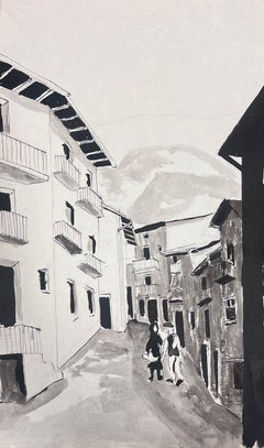 Peinture moderniste des années 1950 Figures marchant dans une rue française en noir et blanc